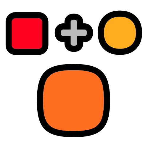 a small red square and yellow circle with a plus sign between them. below them is an orange shaped with four equal sides and rounded corners.